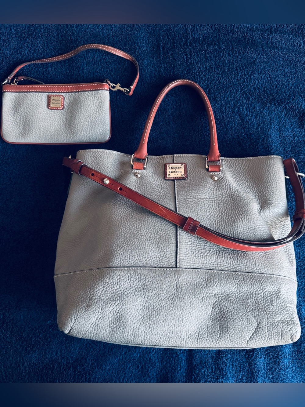 Dooney & Bourke Pebbled Leather Tote in Light Gray with Brown Trim and Wristlet